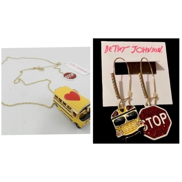 BETSEY JOHNSON SET Mismatched School Bus & Stop Sign Earrings & Bus Necklace NWT - Picture 1 of 16